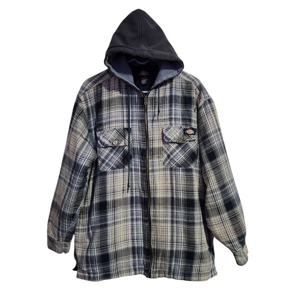 DICKIES Y2K Plaid Hooded Flannel Work Jacket Quilted Lined grunge Thrashed‎ L